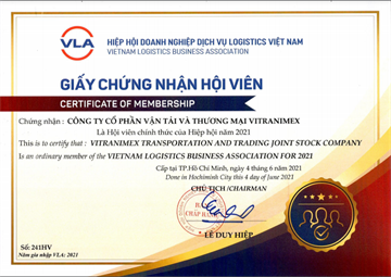 Giấy chứng nhận hội viên Hiệp Hội Doanh Nghiệp Logistic Việt Nam